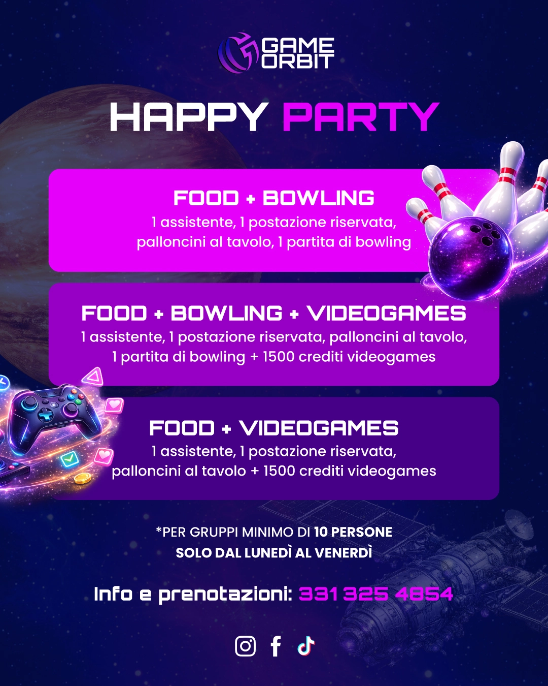 Pacchetti Happy Party Game Orbit con food, bowling e videogames
