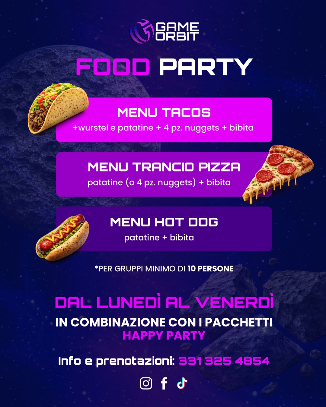 Menu Food Party Game Orbit tacos, pizza e hot dog