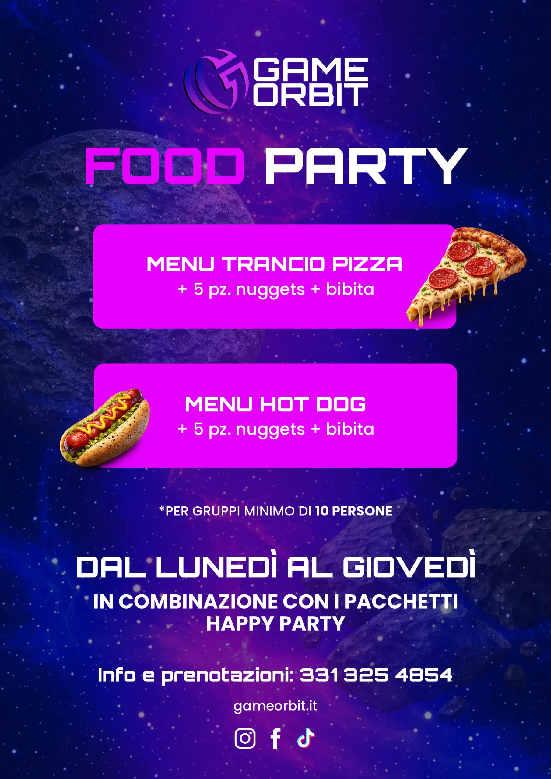 Menu Food Party Game Orbit tacos, pizza e hot dog