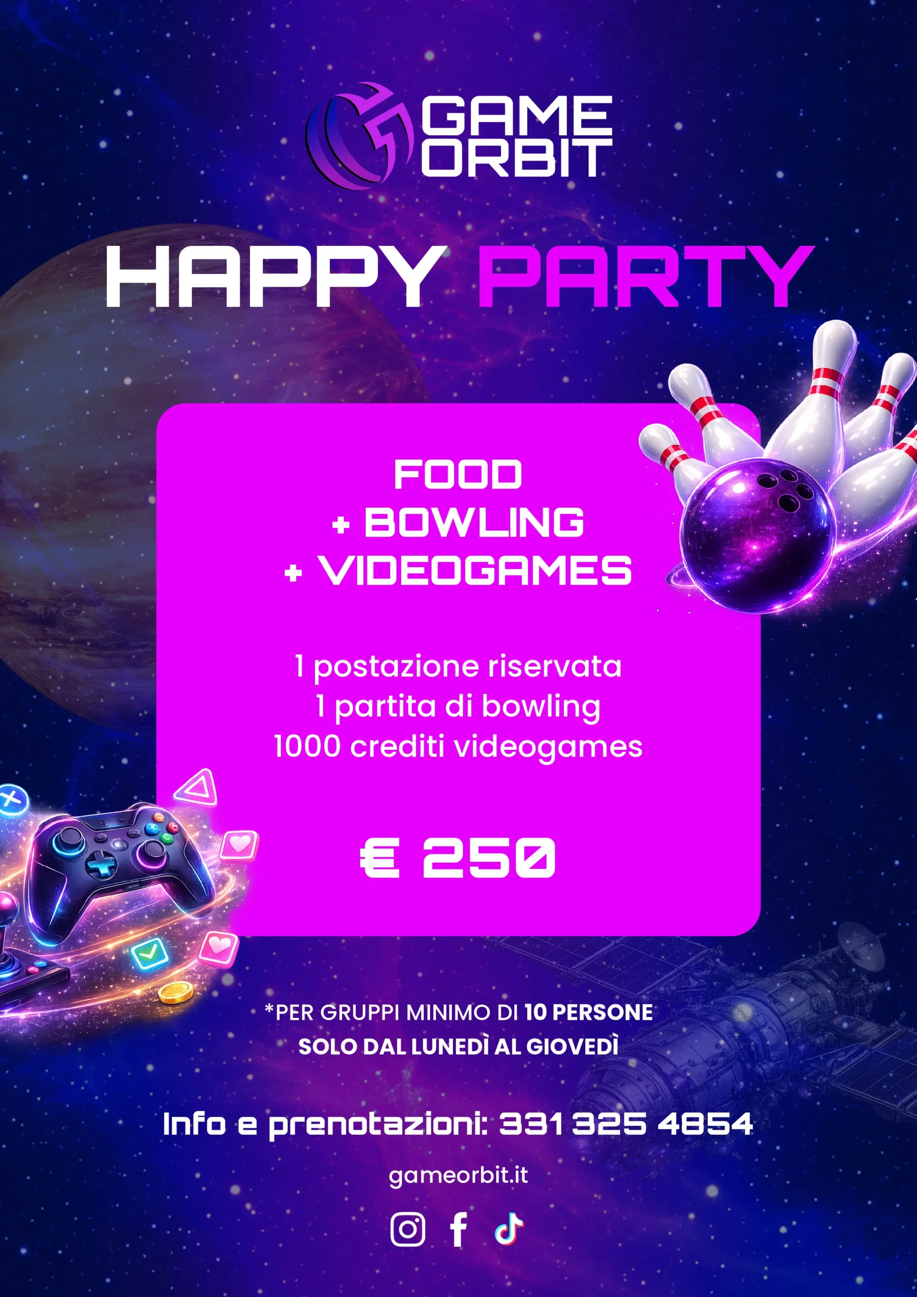 Pacchetti Happy Party Game Orbit con food, bowling e videogames